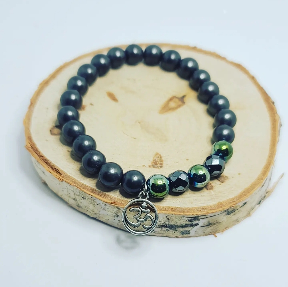 Hematite Om charm bracelet  8 mm